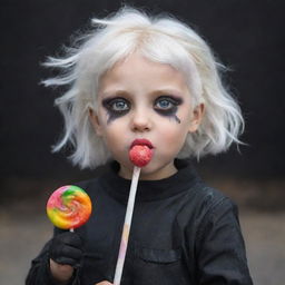 A bubbly little girl with white hair, dressed in post-apocalyptic-themed black clothes, joyously licking a colorful lollipop.