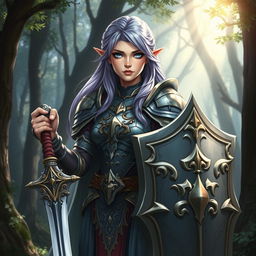 A female half-elf paladin with striking blue eyes and purplish grey hair