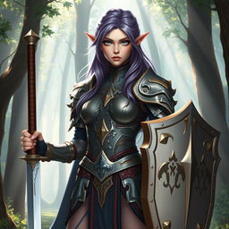 A female half-elf paladin with striking blue eyes and purplish grey hair