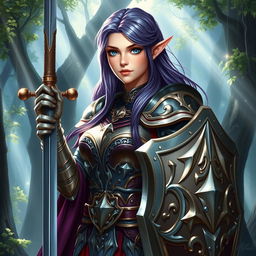 A female half-elf paladin with striking blue eyes and purplish grey hair