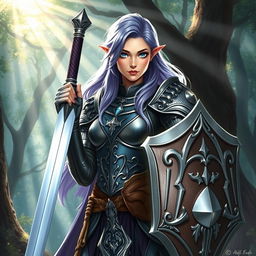 A female half-elf paladin with striking blue eyes and purplish grey hair