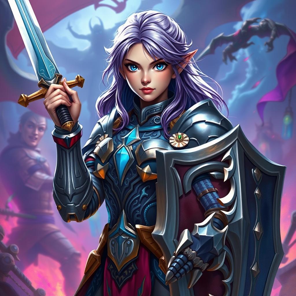 A female half-elf paladin with striking blue eyes and purplish grey hair, wearing intricately designed armor that glimmers in the light