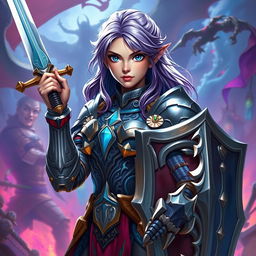 A female half-elf paladin with striking blue eyes and purplish grey hair, wearing intricately designed armor that glimmers in the light