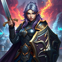 A female half-elf paladin with striking blue eyes and purplish grey hair, wearing intricately designed armor that glimmers in the light