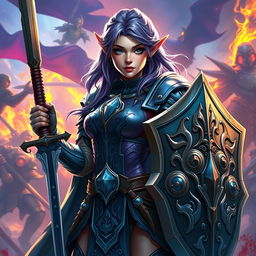 A female half-elf paladin with striking blue eyes and purplish grey hair, wearing intricately designed armor that glimmers in the light