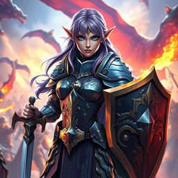 A female half-elf paladin with striking blue eyes and purplish grey hair, wearing intricately designed armor that glimmers in the light