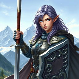 A female half-elf paladin with striking blue eyes and purplish grey hair, wearing intricately designed armor that shimmers