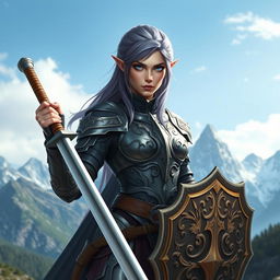 A female half-elf paladin with striking blue eyes and purplish grey hair, wearing intricately designed armor that shimmers