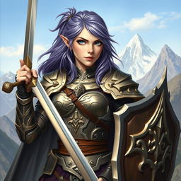 A female half-elf paladin with striking blue eyes and purplish grey hair, wearing intricately designed armor that shimmers