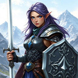 A female half-elf paladin with striking blue eyes and purplish grey hair, wearing intricately designed armor that shimmers