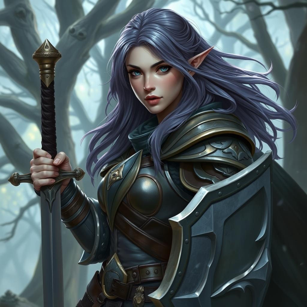 A female half-elf paladin with deep blue eyes and flowing purplish grey hair, clad in exquisitely crafted armor