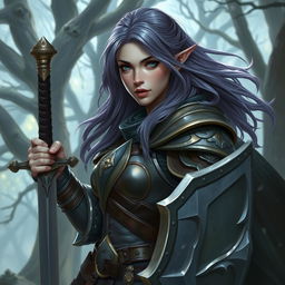 A female half-elf paladin with deep blue eyes and flowing purplish grey hair, clad in exquisitely crafted armor