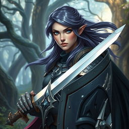 A female half-elf paladin with deep blue eyes and flowing purplish grey hair, clad in exquisitely crafted armor