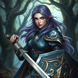 A female half-elf paladin with deep blue eyes and flowing purplish grey hair, clad in exquisitely crafted armor