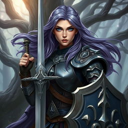 A female half-elf paladin with deep blue eyes and flowing purplish grey hair, clad in exquisitely crafted armor