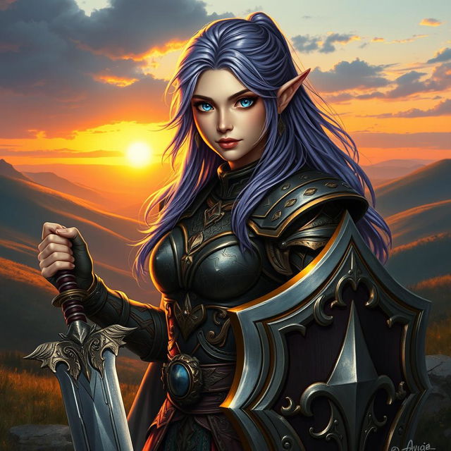 A female half-elf paladin with captivating blue eyes and purplish grey hair, donned in beautifully ornate armor