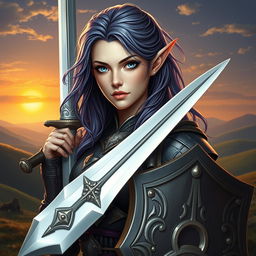 A female half-elf paladin with captivating blue eyes and purplish grey hair, donned in beautifully ornate armor