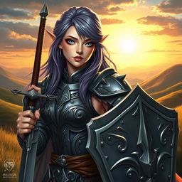 A female half-elf paladin with captivating blue eyes and purplish grey hair, donned in beautifully ornate armor