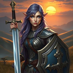 A female half-elf paladin with captivating blue eyes and purplish grey hair, donned in beautifully ornate armor