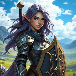 A striking female half-elf paladin with enchanting blue eyes and luxurious purplish grey hair