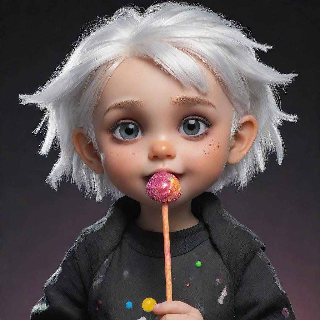 An animated white-haired little girl with a bubbly expression, dressed in post-apocalyptic-themed black clothes, enjoying a colourful lollipop.