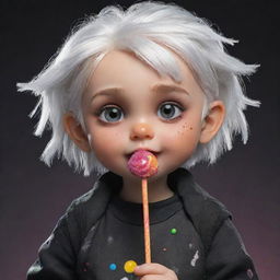 An animated white-haired little girl with a bubbly expression, dressed in post-apocalyptic-themed black clothes, enjoying a colourful lollipop.