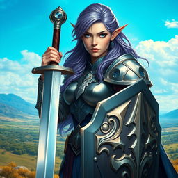 A striking female half-elf paladin with enchanting blue eyes and luxurious purplish grey hair