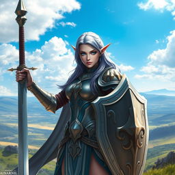 A striking female half-elf paladin with enchanting blue eyes and luxurious purplish grey hair