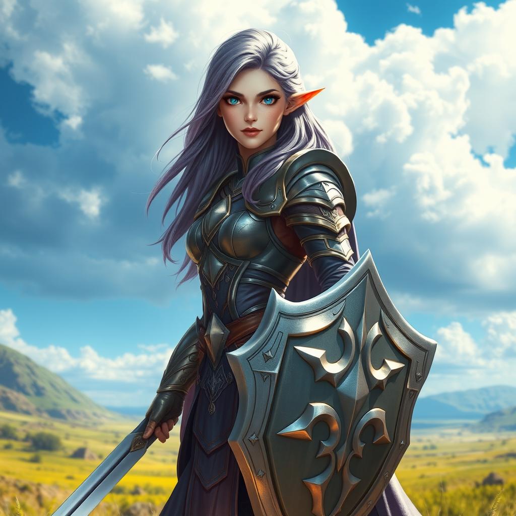 A striking female half-elf paladin with enchanting blue eyes and luxurious purplish grey hair