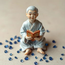 A porcelain male doll with Asian features, sitting at the center, holding a vintage book in his hand