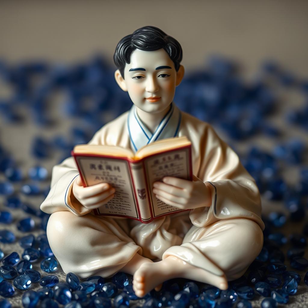 A porcelain male doll with Asian features, sitting at the center, holding a vintage book in his hand