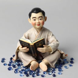 A porcelain male doll with Asian features, sitting at the center, holding a vintage book in his hand