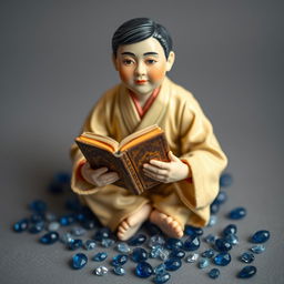 A porcelain male doll with Asian features, sitting at the center, holding a vintage book in his hand