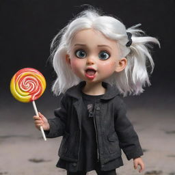 An animated white-haired little girl with a bubbly expression, dressed in post-apocalyptic-themed black clothes, enjoying a colourful lollipop.