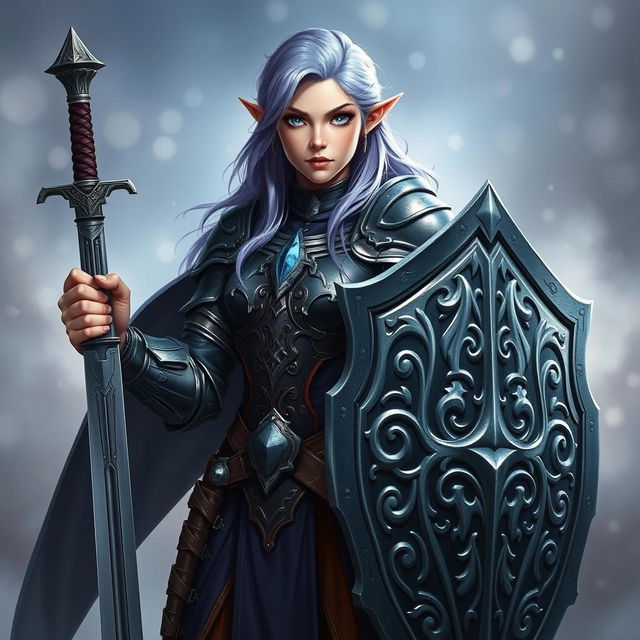 A female half-elf paladin with enchanting blue eyes and purplish grey hair, standing confidently while adorned in intricately designed armor