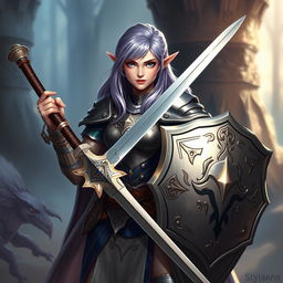 A female half-elf paladin with enchanting blue eyes and purplish grey hair, standing confidently while adorned in intricately designed armor