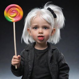 An animated white-haired little girl with a bubbly expression, dressed in post-apocalyptic-themed black clothes, enjoying a colourful lollipop.