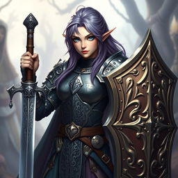 A female half-elf paladin with enchanting blue eyes and purplish grey hair, standing confidently while adorned in intricately designed armor