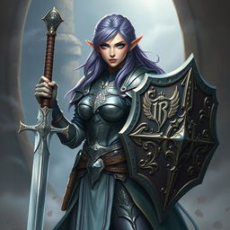 A female half-elf paladin with enchanting blue eyes and purplish grey hair, standing confidently while adorned in intricately designed armor