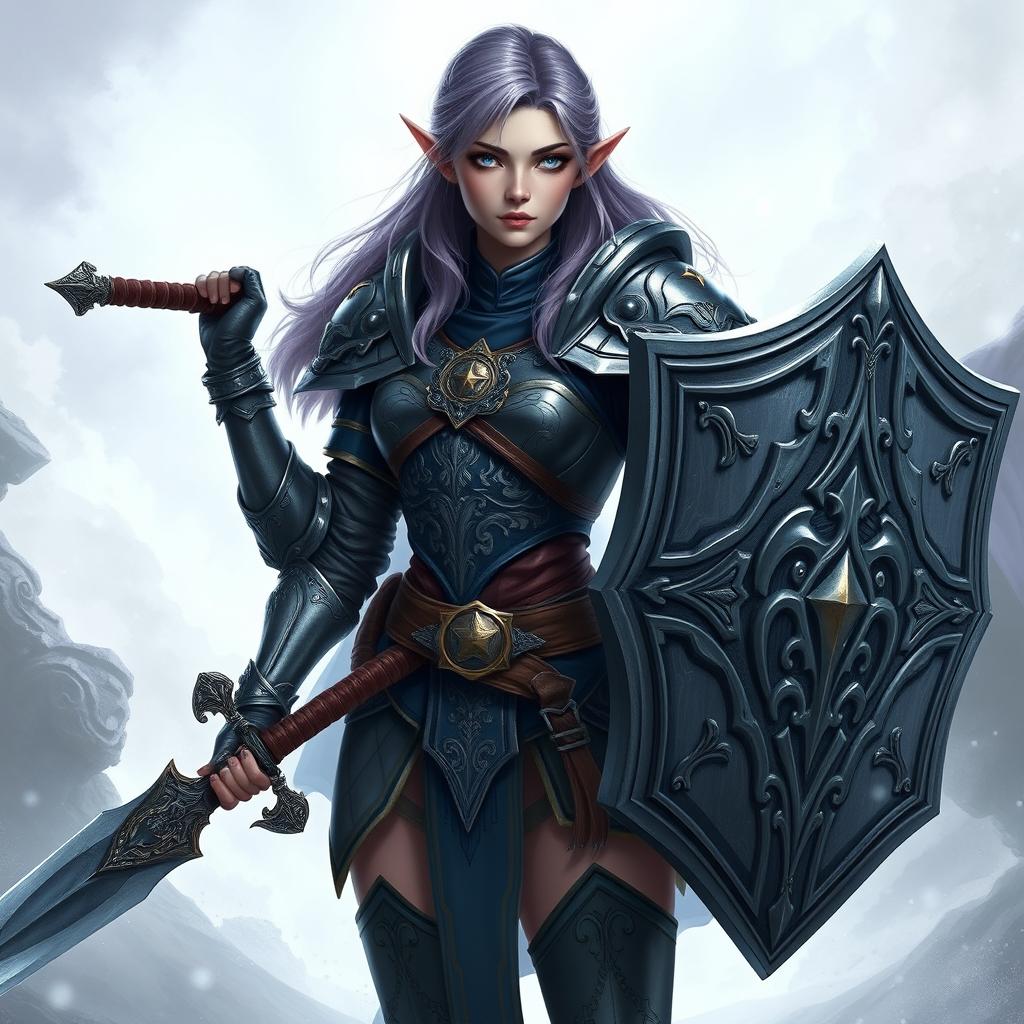 A female half-elf paladin with enchanting blue eyes and purplish grey hair, standing confidently while adorned in intricately designed armor