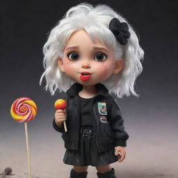 An animated white-haired little girl with a bubbly expression, dressed in post-apocalyptic-themed black clothes, enjoying a colourful lollipop.