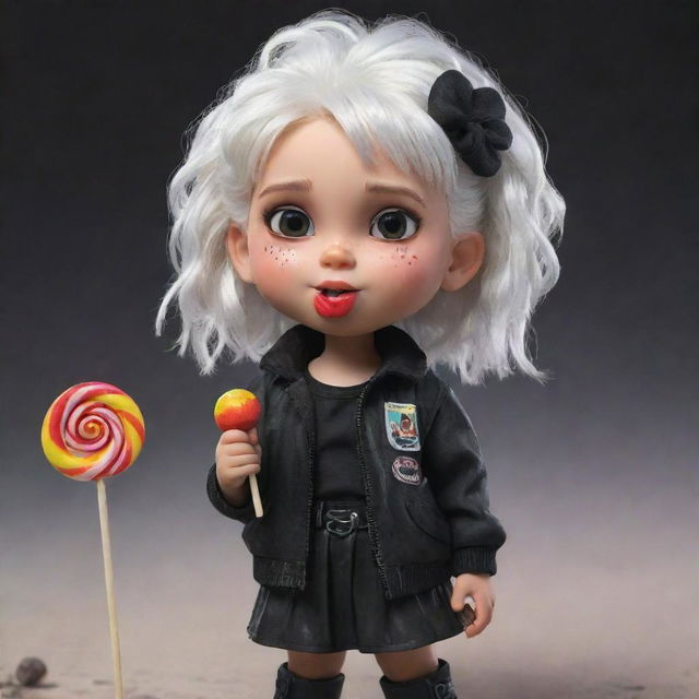 An animated white-haired little girl with a bubbly expression, dressed in post-apocalyptic-themed black clothes, enjoying a colourful lollipop.