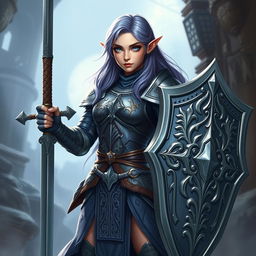 A female half-elf paladin with enchanting blue eyes and purplish grey hair, standing confidently while adorned in intricately designed armor