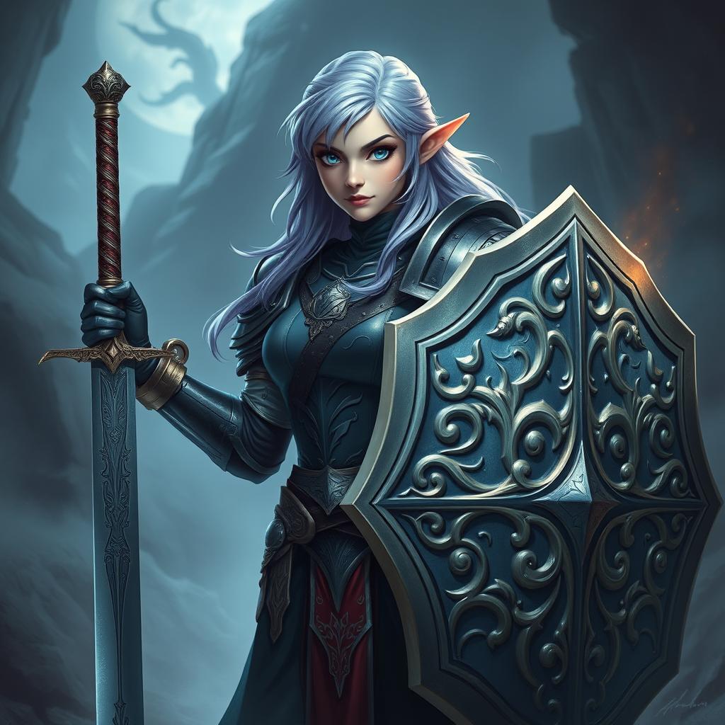 A female half-elf paladin with enchanting blue eyes and purplish grey hair, standing confidently while adorned in intricately designed armor