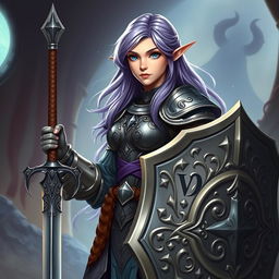 A female half-elf paladin with enchanting blue eyes and purplish grey hair, standing confidently while adorned in intricately designed armor