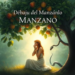 A poetic and captivating book cover design titled "Debajo del Manzano" inspired by biblical themes