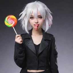 A bubbly white-haired anime girl wearing post-apocalyptic styled black clothing, happily eating a colorful lollipop.