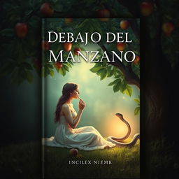 A poetic and captivating book cover design titled "Debajo del Manzano" inspired by biblical themes