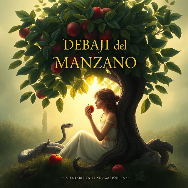 A poetic and captivating book cover design titled "Debajo del Manzano" inspired by biblical themes