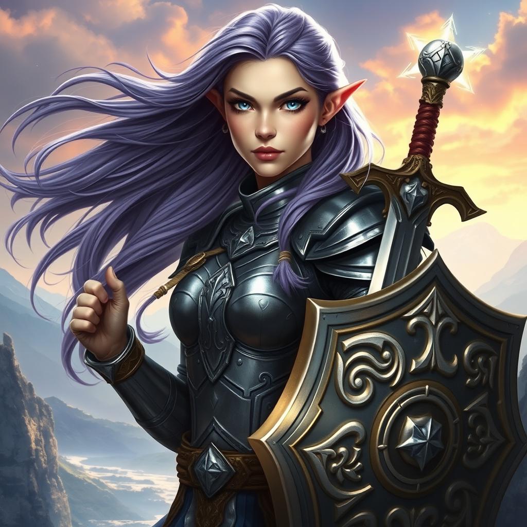 A regal female half-elf paladin characterized by her striking blue eyes and flowing purplish grey hair